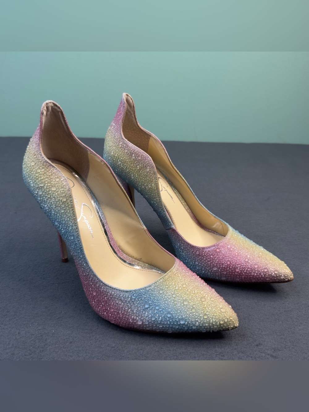 Jessica Simpson Pastel Rainbow Crystal Pointed Toe Pumps - Pink Blue Yellow - Picture 2 of 12